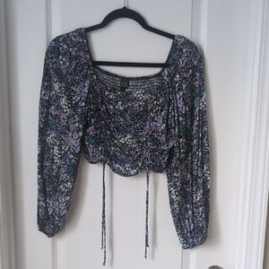 wild fable Black Multi Floral Drawstring Long-Sleeve Crop Top